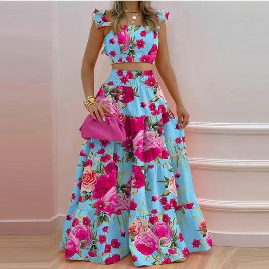 LADIES RUFFLED MID TANK TOP AND WAIST SKIRT 2PCS SET