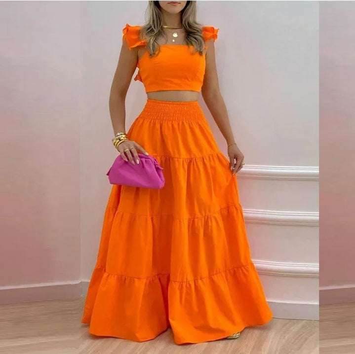 LADIES RUFFLED MID TANK TOP AND WAIST SKIRT 2PCS SET