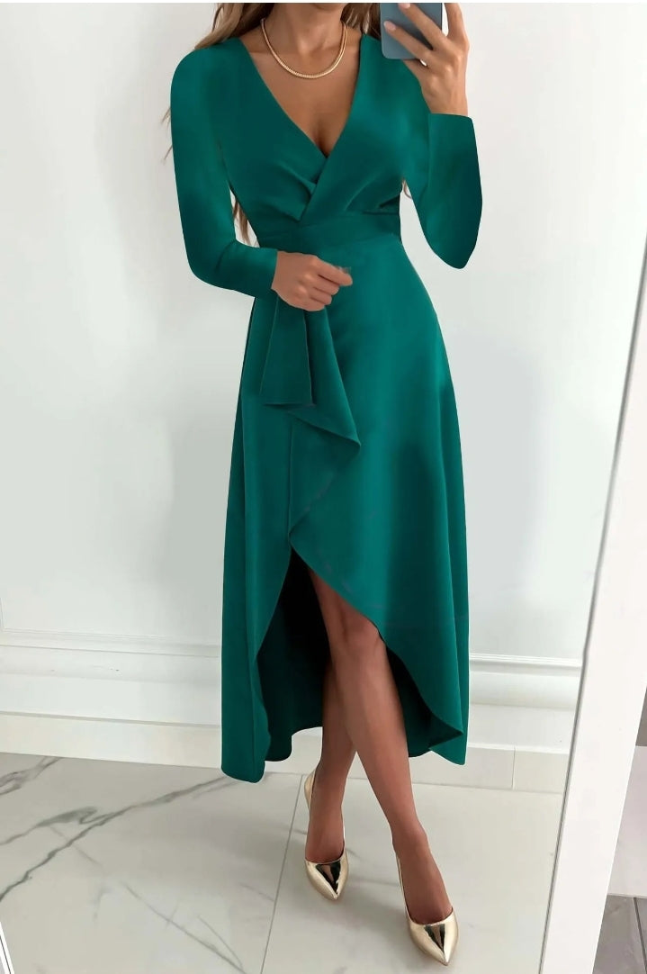 LADIES V-NECK SIDE SLIT WRAP DRESS