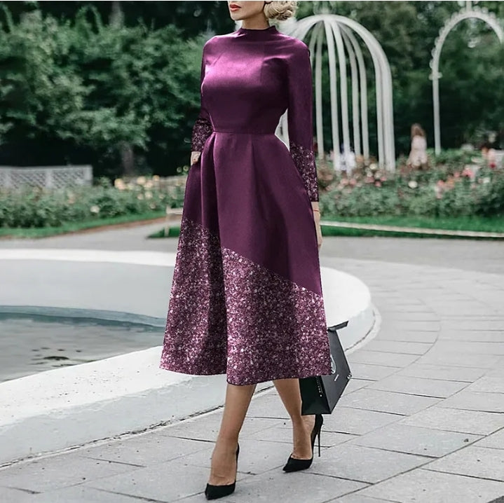 LADIES BLOCKING LONG SLEEVE MIDI DRESS