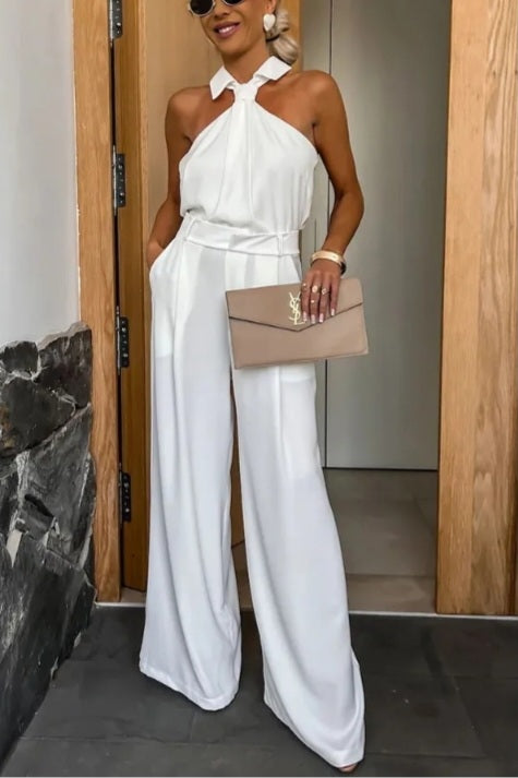 LADIES SLEEVELESS HALTER NECK WIDE LEG JUMPSUIT