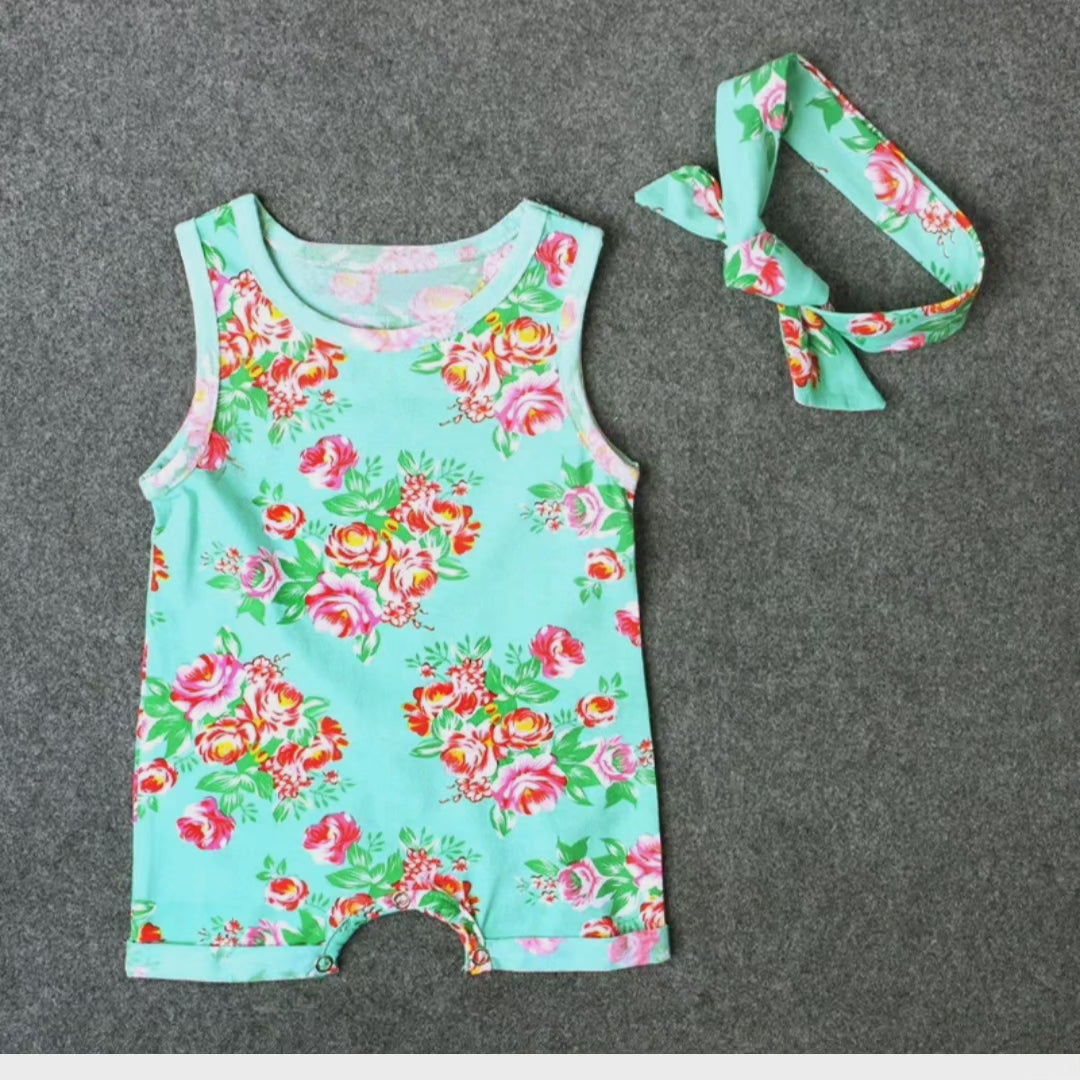 GIRL'S SLEEVELESS FLOWER ROMPER & HEADBAND 2PCS SET