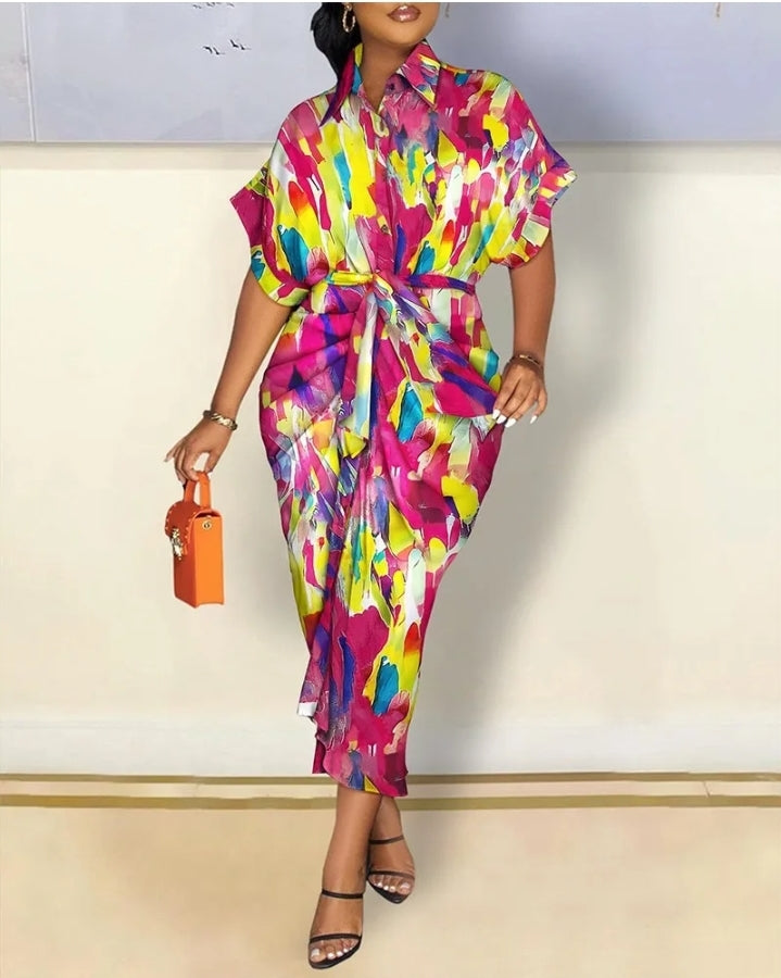 LADIES V-NECK BUTTON SKIRT DRESS