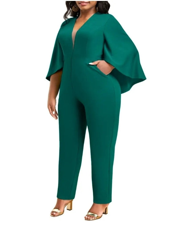 LADIES V-NECK BAT CAPE JUMPSUIT