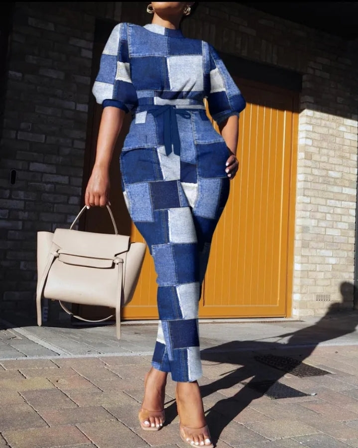 LADIES CROP SLEEVE BLOUSE AND PANTS 2PCS SETS