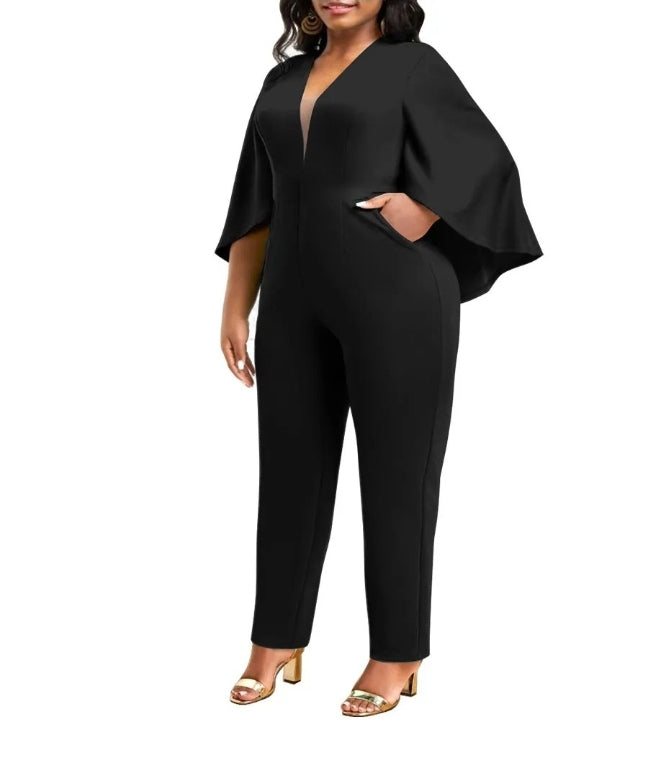 LADIES V-NECK BAT CAPE JUMPSUIT
