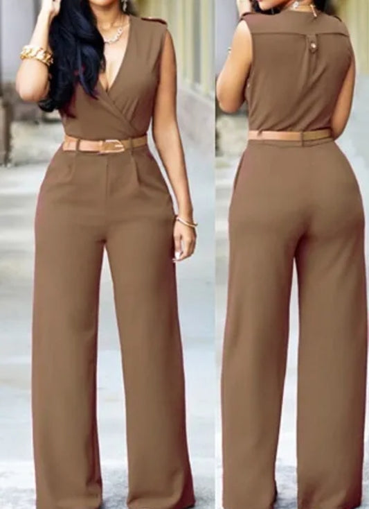 LADIES SLEEVELESS WIDE LEG JUMPSUIT WITH BELT