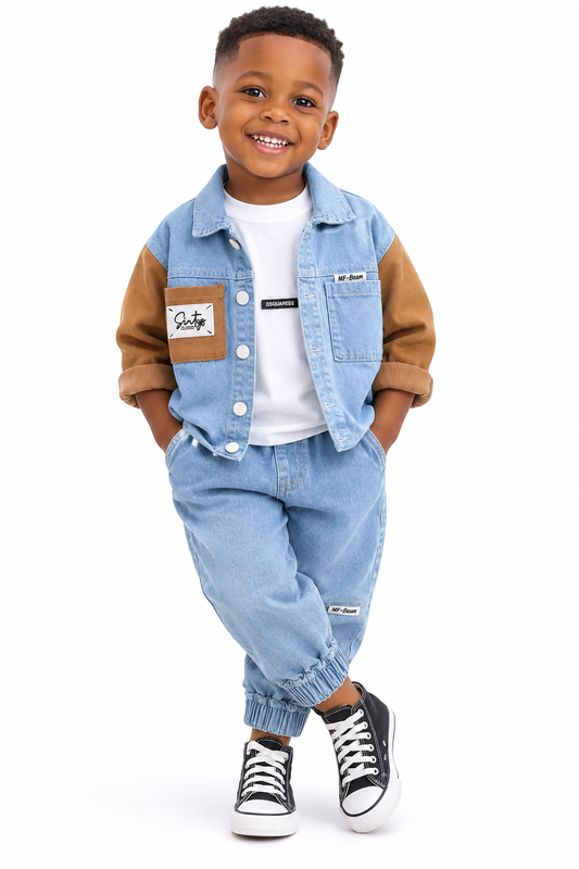 BOY'S LAPEL LONG-SLEEVE DENIM JACKET JEANS  3PCS SET