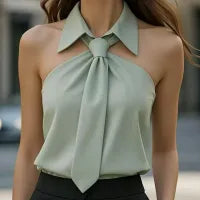 LADIES LAPEL TIE SLEEVELESS BLOUSE