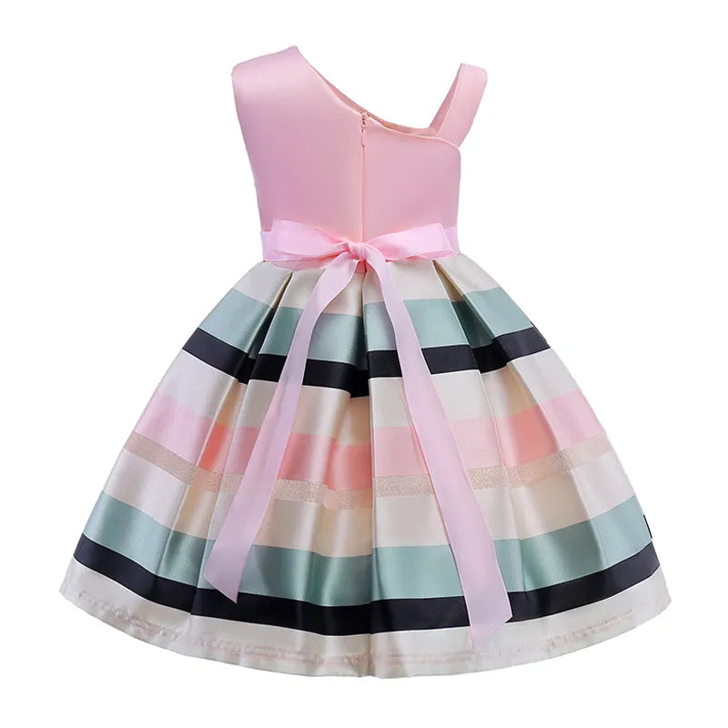 GIRL'S SLEEVELESS STRIPE ONE SHOULDER BOWKNOT FANCY PARTY DRESS