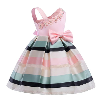 GIRL'S SLEEVELESS STRIPE ONE SHOULDER BOWKNOT FANCY PARTY DRESS