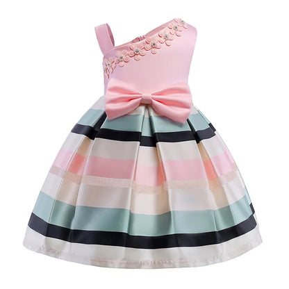 GIRL'S SLEEVELESS STRIPE ONE SHOULDER BOWKNOT FANCY PARTY DRESS