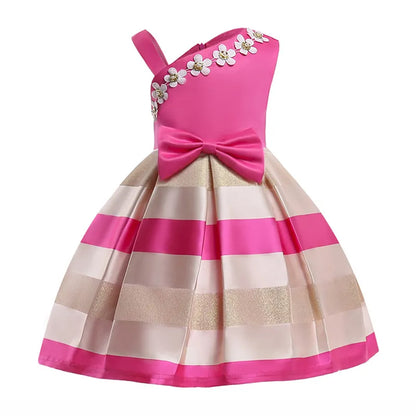 GIRL'S SLEEVELESS STRIPE ONE SHOULDER BOWKNOT FANCY PARTY DRESS