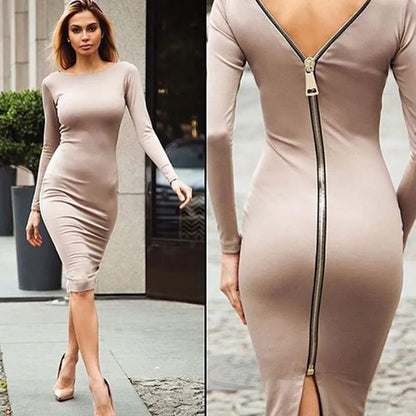 LADIES LONG SLEEVE BACK ZIPPER BODYCON DRESS