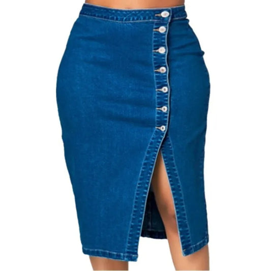 LADIES BUTTON SIDE-SLIT BODYCON DENIM SKIRT