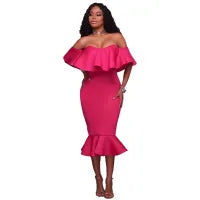 LADIES OFF-SHOULDER RUFFLED BODYCON DRESS