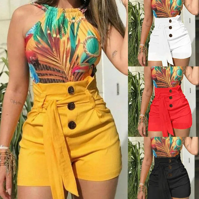 LADIES THREE BUTTON HIGH WAIST BELT SHORTS