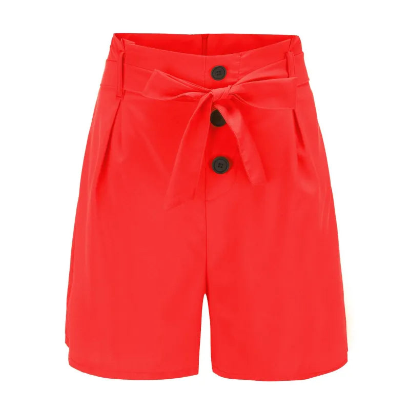 LADIES THREE BUTTON HIGH WAIST BELT SHORTS