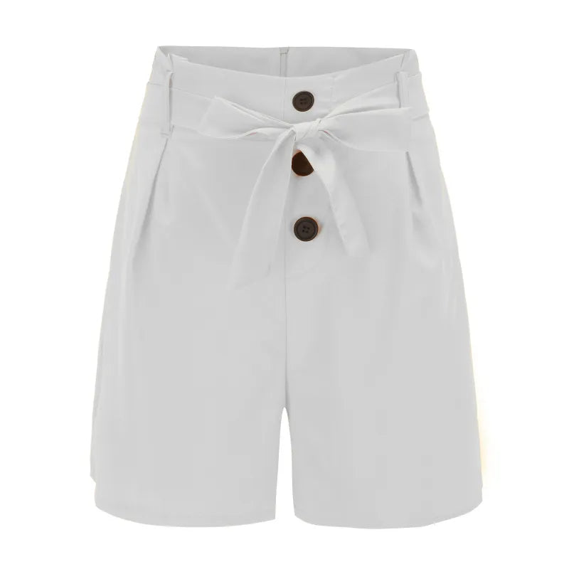 LADIES THREE BUTTON HIGH WAIST BELT SHORTS