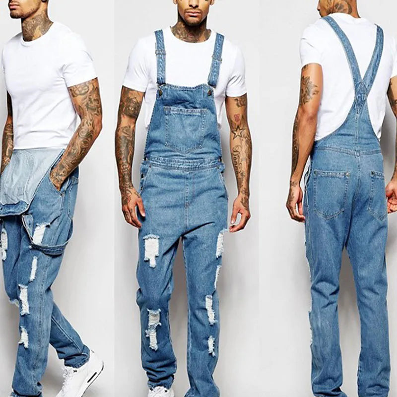 MEN'S RIPPED HOLE DENIM JUMPSUITS