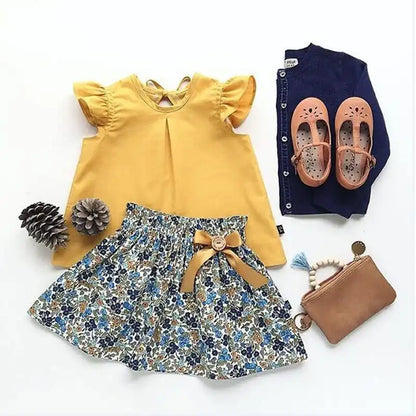 GIRL'S SELVEDGE TOP AND FLOWER SKIRT SET