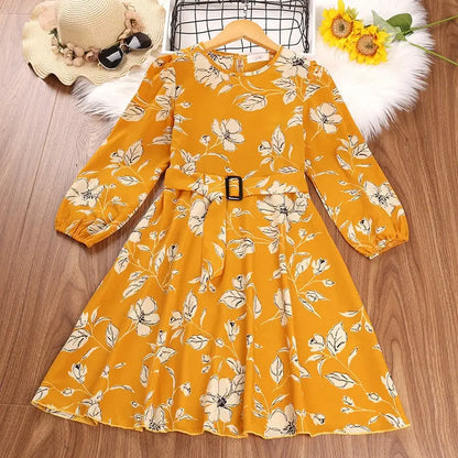 GIRL'S FLOWER PATTERN LONG SLEEVE DRESS WITH BELT