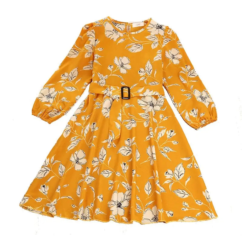 GIRL'S FLOWER PATTERN LONG SLEEVE DRESS WITH BELT