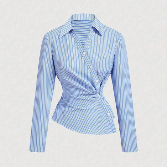 LADIES STRIPE ASYMMETRIC LAPEL LONG-SLEEVE  BLOUSE