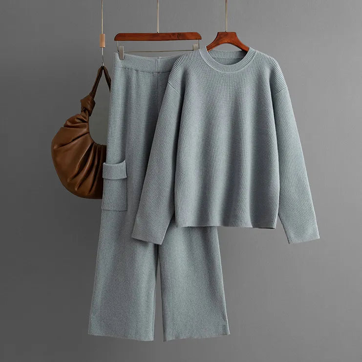 LADIES KNITTED SWEATER WIDE-LEG PANTS 2PCS SET