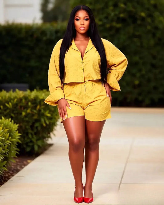 LADIES LONG SLEEVE LAPEL TOP AND SHORTS 2PCS SET