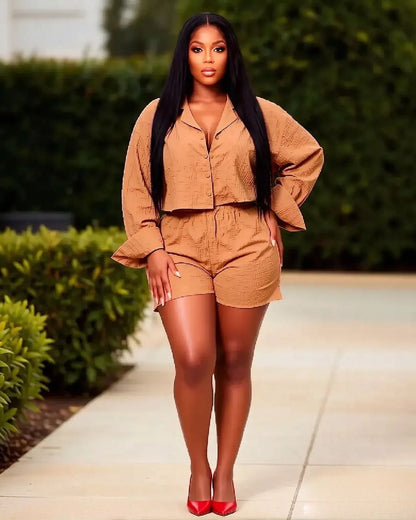 LADIES LONG SLEEVE LAPEL TOP AND SHORTS 2PCS SET