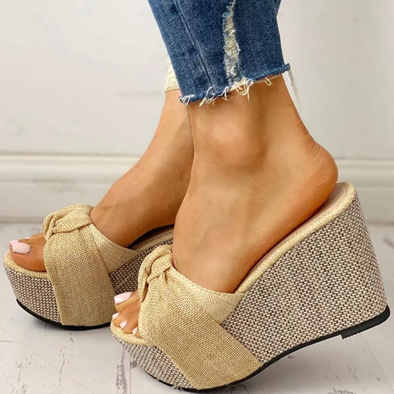 LADIES ROUND PEEP TOE BOW WEDGE PLATFORM