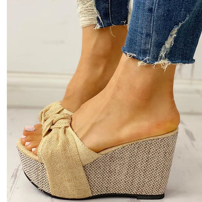 LADIES ROUND PEEP TOE BOW WEDGE PLATFORM