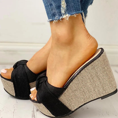 LADIES ROUND PEEP TOE BOW WEDGE PLATFORM