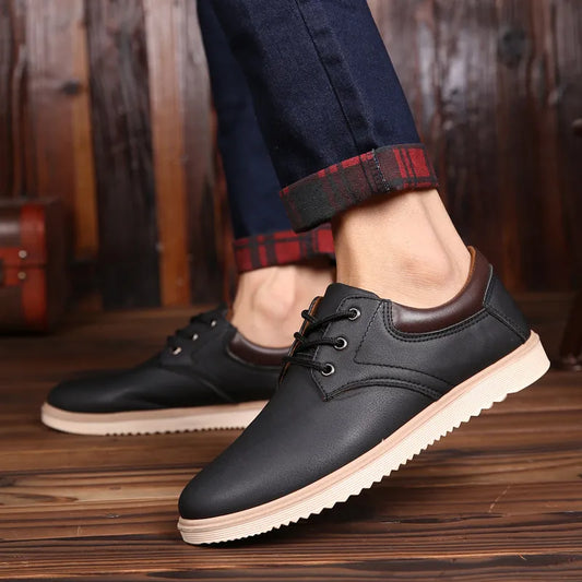 MEN'S CASUAL ROUND TOE FLAT-LACE UP PU LEATHER SHOES