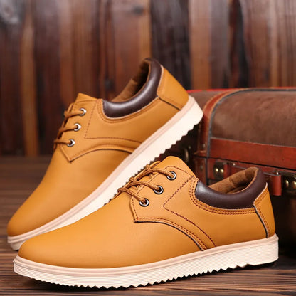 MEN'S CASUAL ROUND TOE FLAT-LACE UP PU LEATHER SHOES