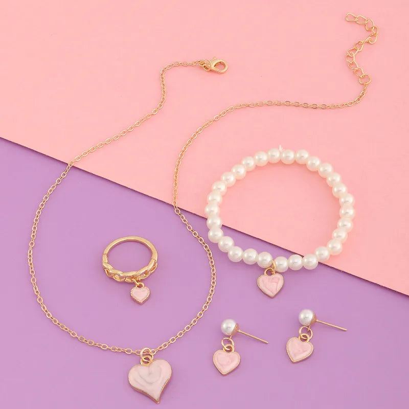 GIRL'S HEART PEARL NECKLACE BRACELET EARRINGS SET