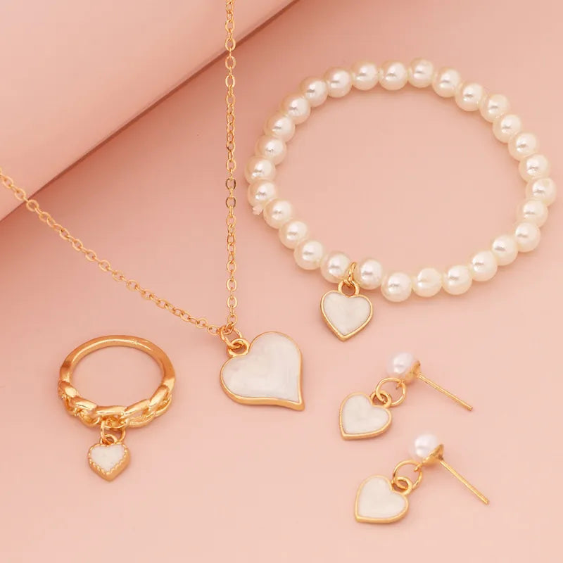 GIRL'S HEART PEARL NECKLACE BRACELET EARRINGS SET