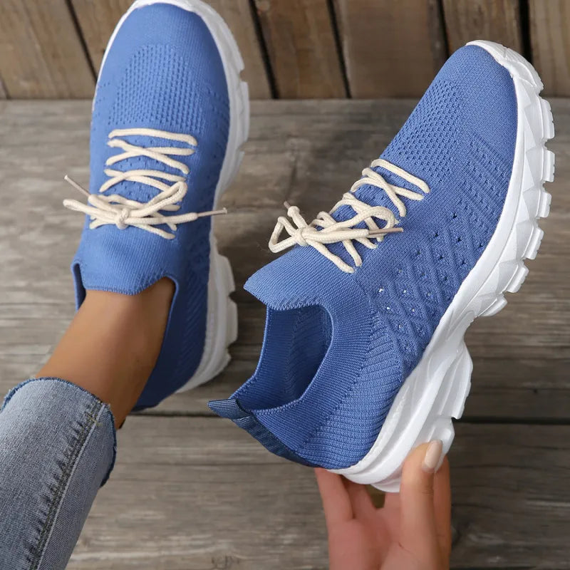 LADIES CASUAL BREATHABLE FLYING WOVEN LACE-UP SNEAKERS