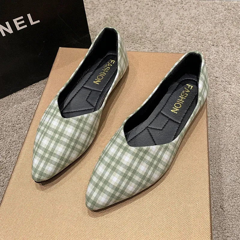 LADIES POINTED TOE PLAID SHALLOW SLIP-ON LOAFERS