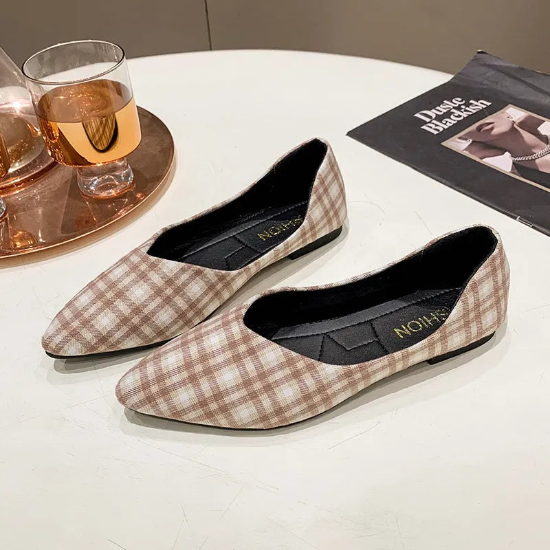 LADIES POINTED TOE PLAID SHALLOW SLIP-ON LOAFERS