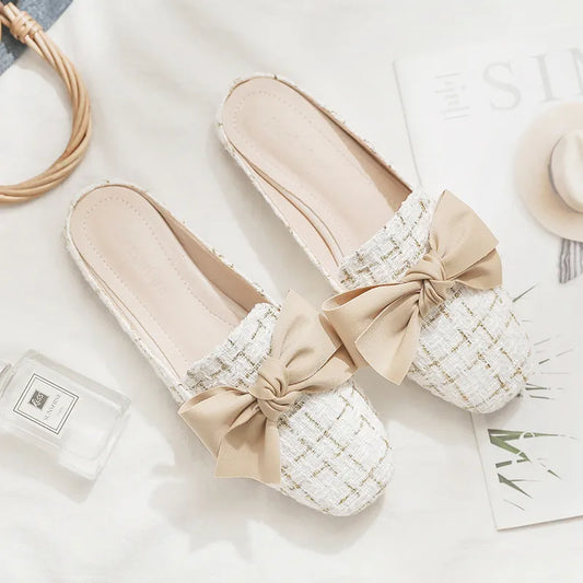 LADIES ELEGANT BOW PEARL FLAT SLIPPERS