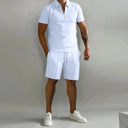 MEN'S LAPEL ZIPPER POLO SHIRT AND SHORT 2 PCS SET