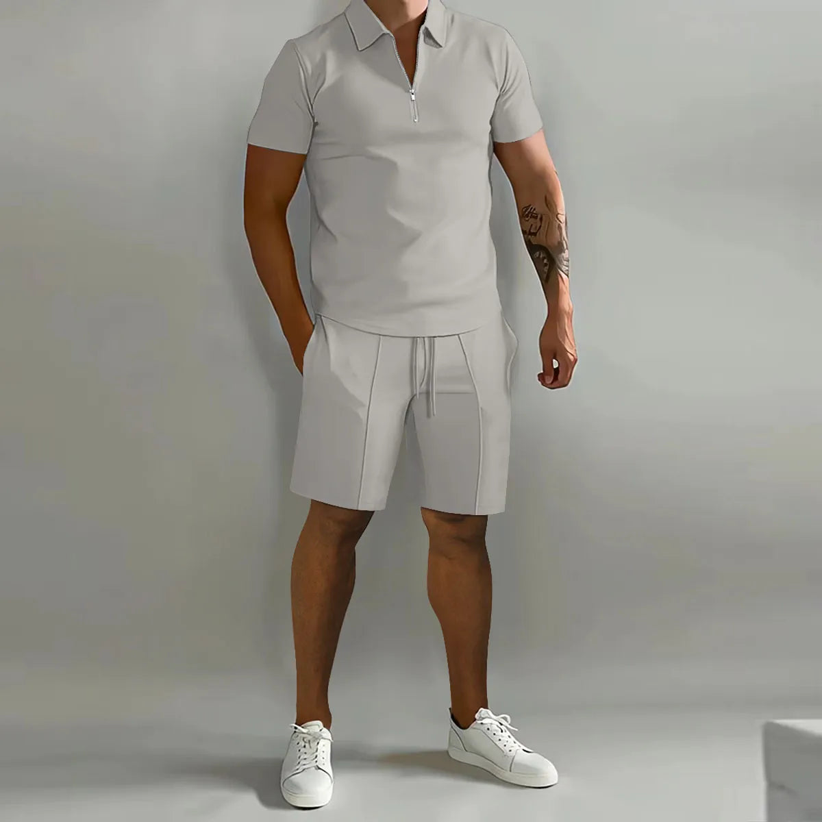 MEN'S LAPEL ZIPPER POLO SHIRT AND SHORT 2 PCS SET
