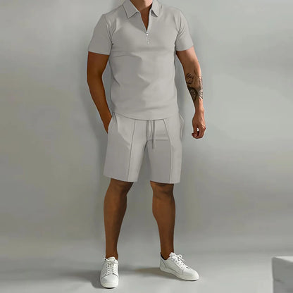 MEN'S LAPEL ZIPPER POLO SHIRT AND SHORT 2 PCS SET