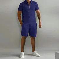 MEN'S LAPEL ZIPPER POLO SHIRT AND SHORT 2 PCS SET