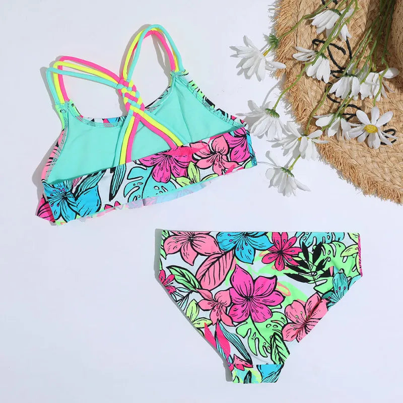 GIRL'S  ALL OVER PRINT CROCHET STRAP TOP & BOTTOM BIKINI SET