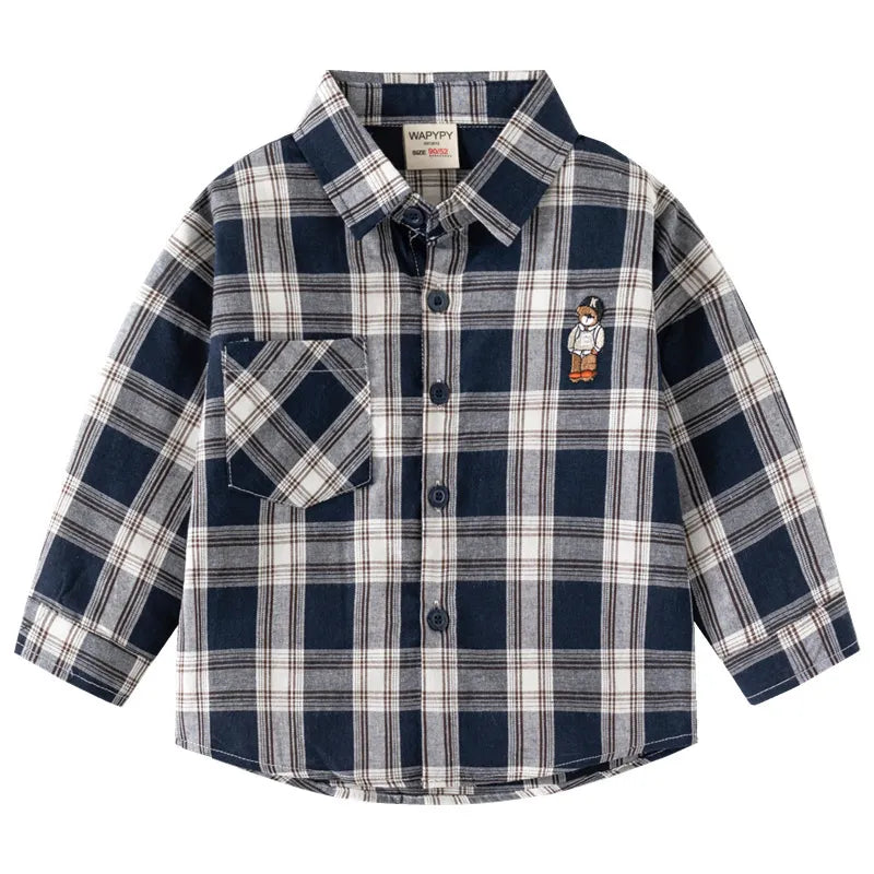 BOY'S TODDLER BEAR PATTERN STRIPE LONG-SLEEVE LAPEL SHIRT