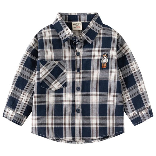 BOY'S TODDLER BEAR PATTERN STRIPE LONG-SLEEVE LAPEL SHIRT