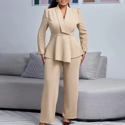 LADIES TEMPERAMENT SOLID BLAZER  2PCS SET